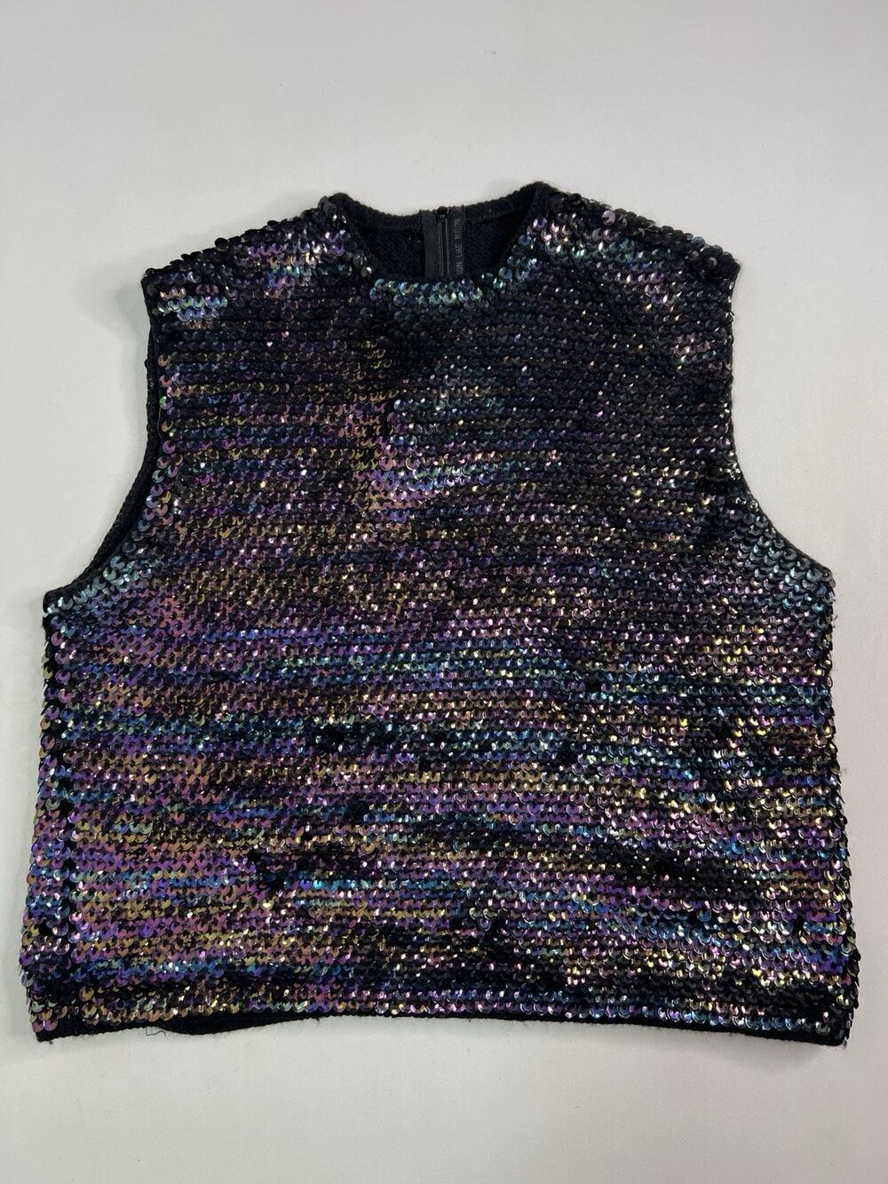 Sequin Top Blouse Iridescent Sparkly Black Multicolor Shell Sleeveless Sz Small